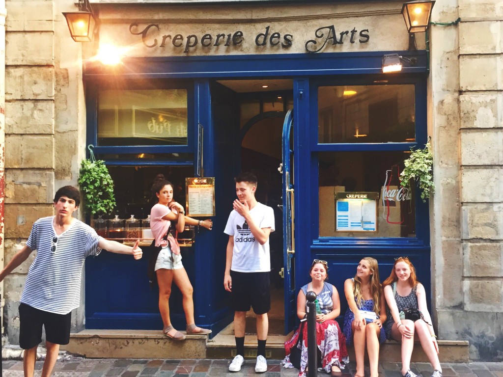 Gabe with his Art and Architecture class - having some crepes! Pictured: Max, Dani, Mira, Emma, and Kayla